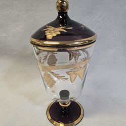 Czech Bohemian Footed Comport Lid Dish Amethyst Purple Glass 
Gold etched leaves and Grapes
