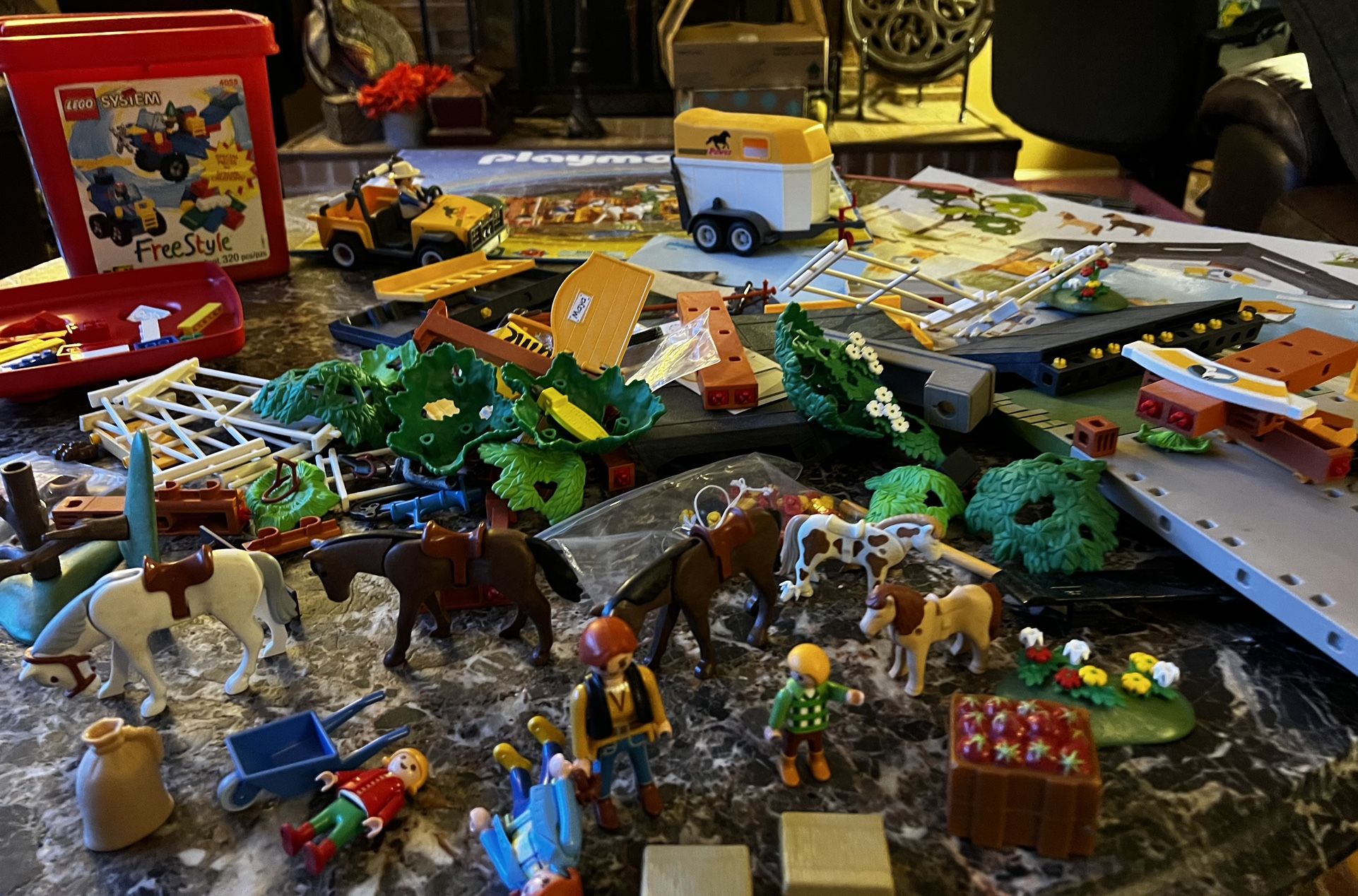 Playmobil horse & farm set with 5 people 5 horses, car & horse trailer & more + a Lego set