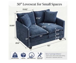 Blue Fabric Loveseat with Throw Pillows