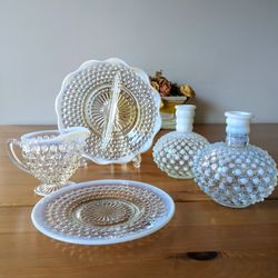 5 pc Fenton Moonstone Opalescent Hobnail Glass