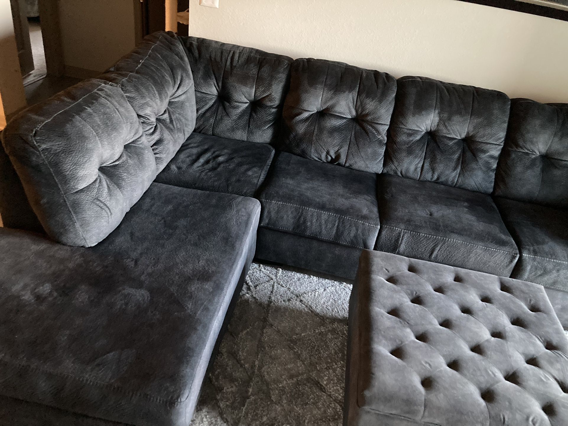 Sectional Gray Fabric Sofa And chaise + Storage Ottoman- 800 OBO 