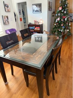 Glass Top Dining Table with Wood Inlay + 4 Chairs