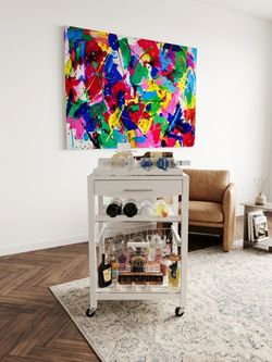 White Rolling Bar Cart with Shelves and Drawer