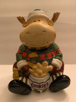 Ceramic Porcelain Christmas Moose Cookie Jar w/ Lift-Off Lid