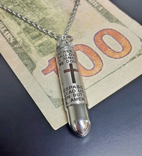 Silver Bullet Lord's Prayer Ashes Urn Pendant 24 Inch Rolo Chain Necklace 