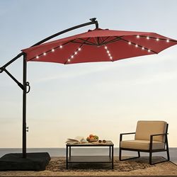 10-Foot Solar-Powered Offset Cantilever Patio Umbrella - Includes Light And Base, LED Illuminated Hanging Outdoor Market Umbrella with UPF50+ UV Prote