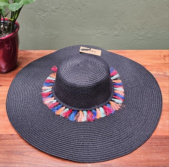 Black Wide Brim Floppy Hat Rainbow Tassle Fringes