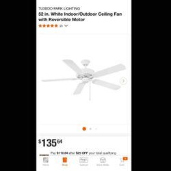 SALE!!!52 in. White Indoor/Outdoor Ceiling Fan with Reversible Motor