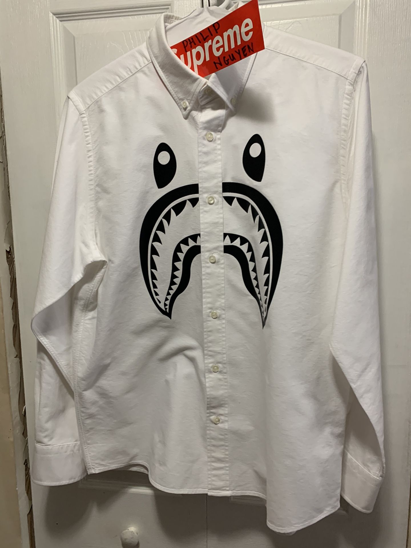 Bape A Bathing Ape Shark White Button Down Shirt size XL