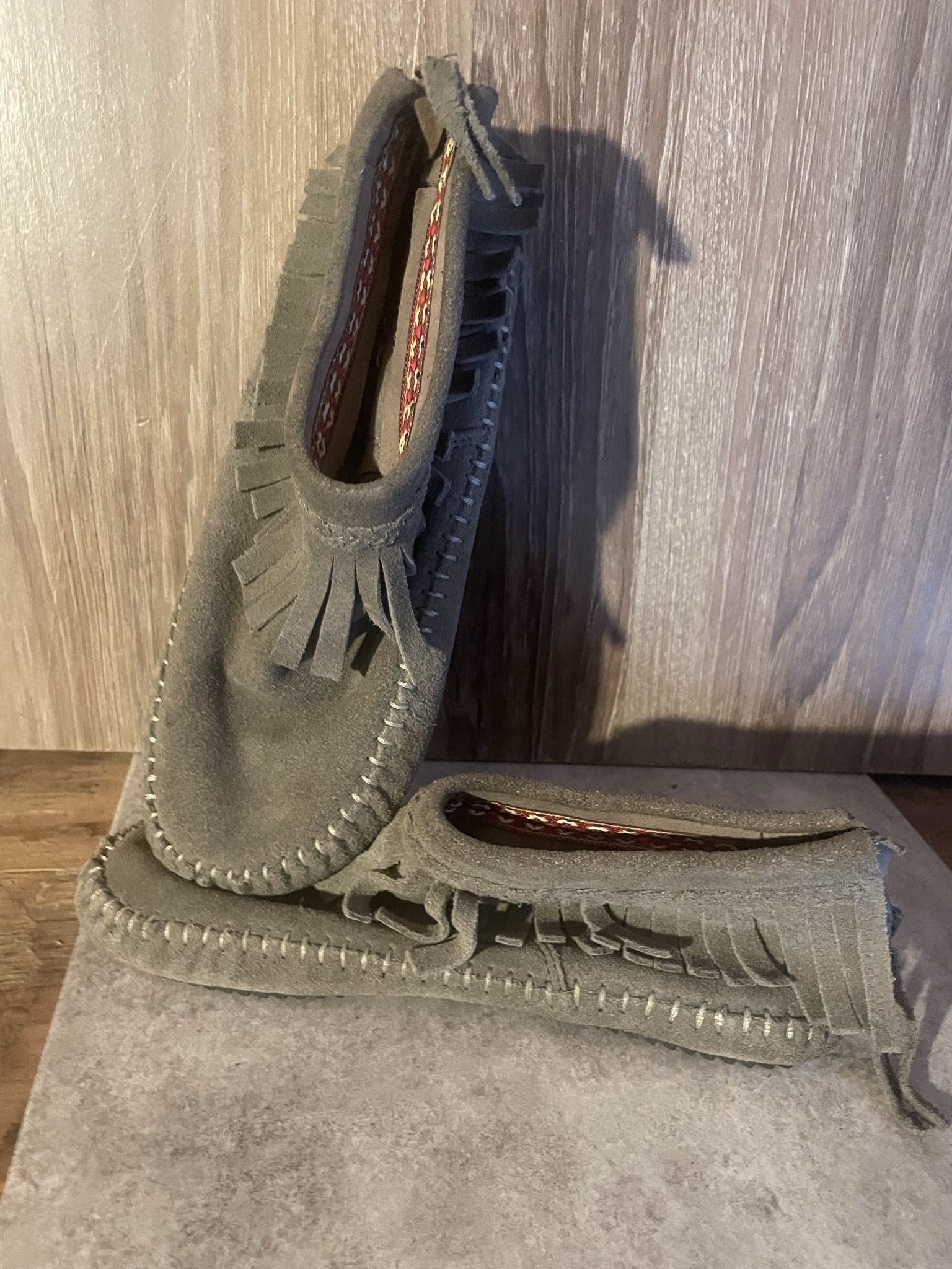 Gray suede moccasins, 