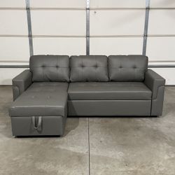 New Gray Leather Sofa Bed Sectional / Couch with Chaise (Can Deliver)