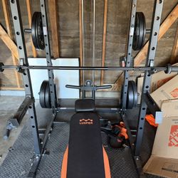 Cable Machine/ Bench And Squat Rack W/ Weights