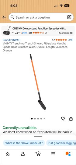 VNIMTI Trenching Trench Shovel, Fiberglass Handle, Spade Head 4 Inches Wide, Overall Length 56 Inches,