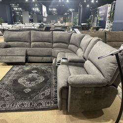 Gray Sofa Sectional w/ 3x Power Recliners & Wireless Charger