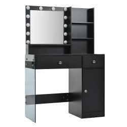 Vanity Desk with Mirror and 3 Lighting Modes, Makeup Vanity with Glass Top and Storage Shelves, Dressing Table with 2 Drawers and Cabinet, Black