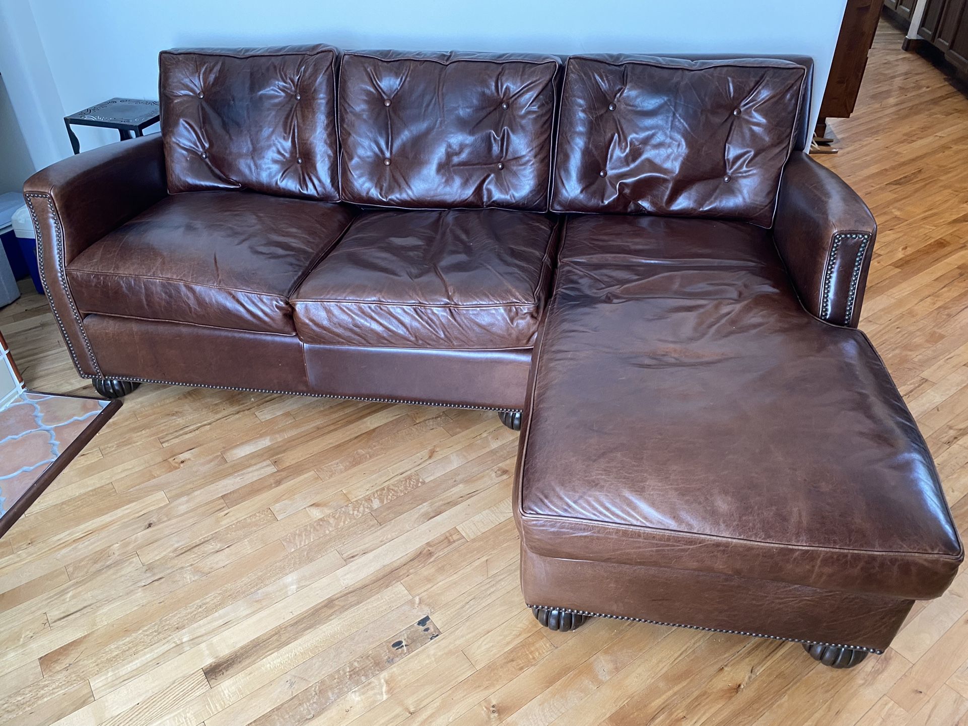 83.5” Custon Leather Couch With Right Hand Chaise Lounge