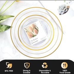 102PCS Clear Plastic Plates with Gold Rim