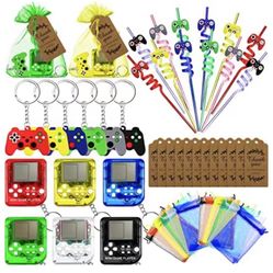 48 Pieces Brick Game Keychain Set Includes 6 Brick Game Consle Keychain,12 Video Game Straws and 6 Video Game Controller Keychains with 12 Thank You K
