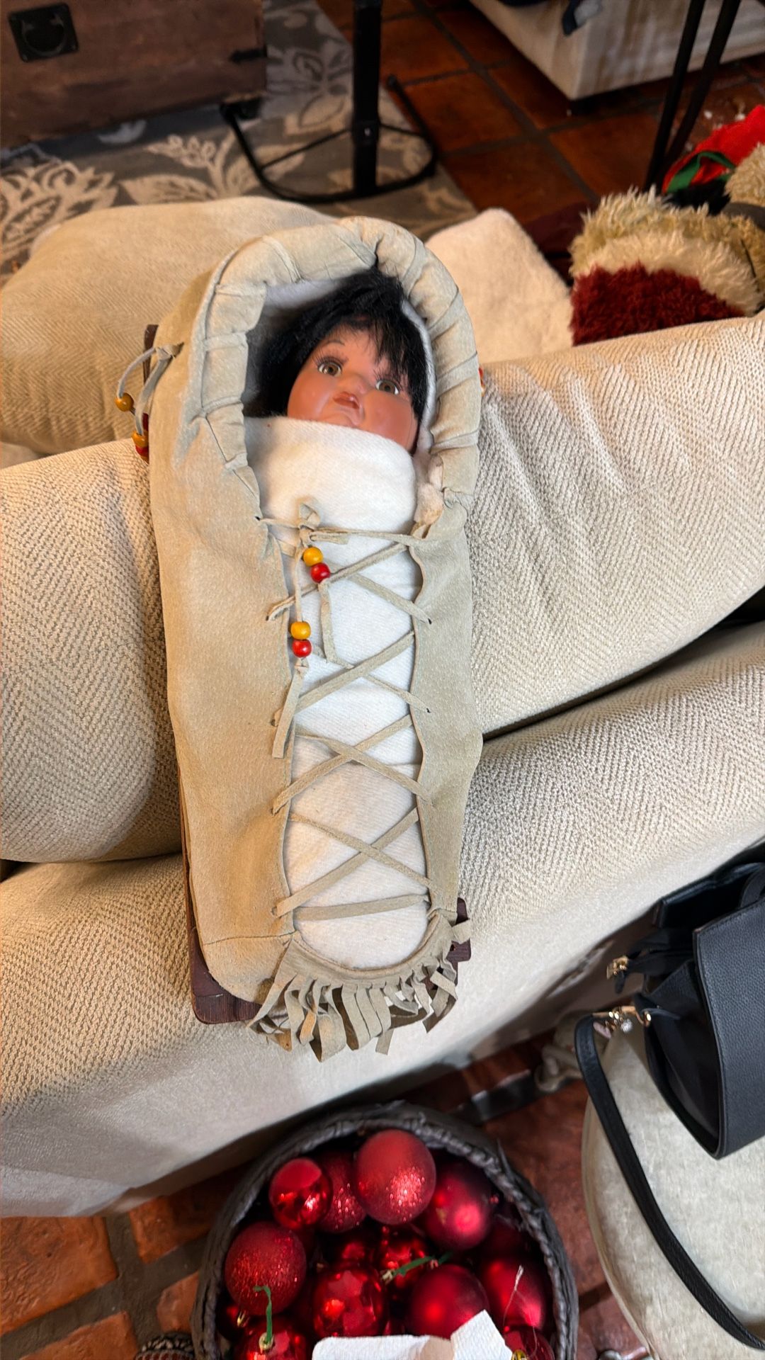 Vintage Porcelain Native American Doll 13 1/2 Inches Long By 6 Inches Across $20