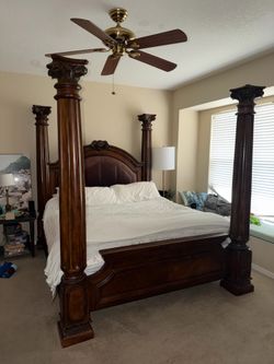 Brown Wood Canopy Bed Frame for King Mattress, Bedroom Four-Poster Style