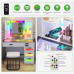 Makeup Vanity Desk with Lights: Vanity Table with Mirror - Dressing Table with Wireless Charging Station & RGB Lights Mobile Vanity with Drawer Glass-