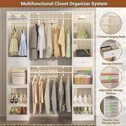 58" - 90" W Closet System, Large Walk in Closet Organizer with 3 Hanging Rods and Shelves,