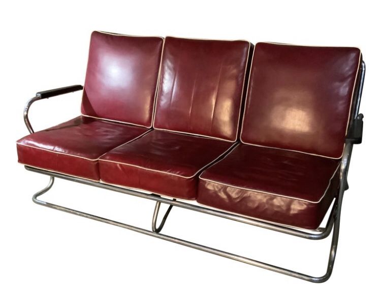 Lloyd Mgf. Vintage Art Deco Style Tubular Chrome Red Vinyl Sofa