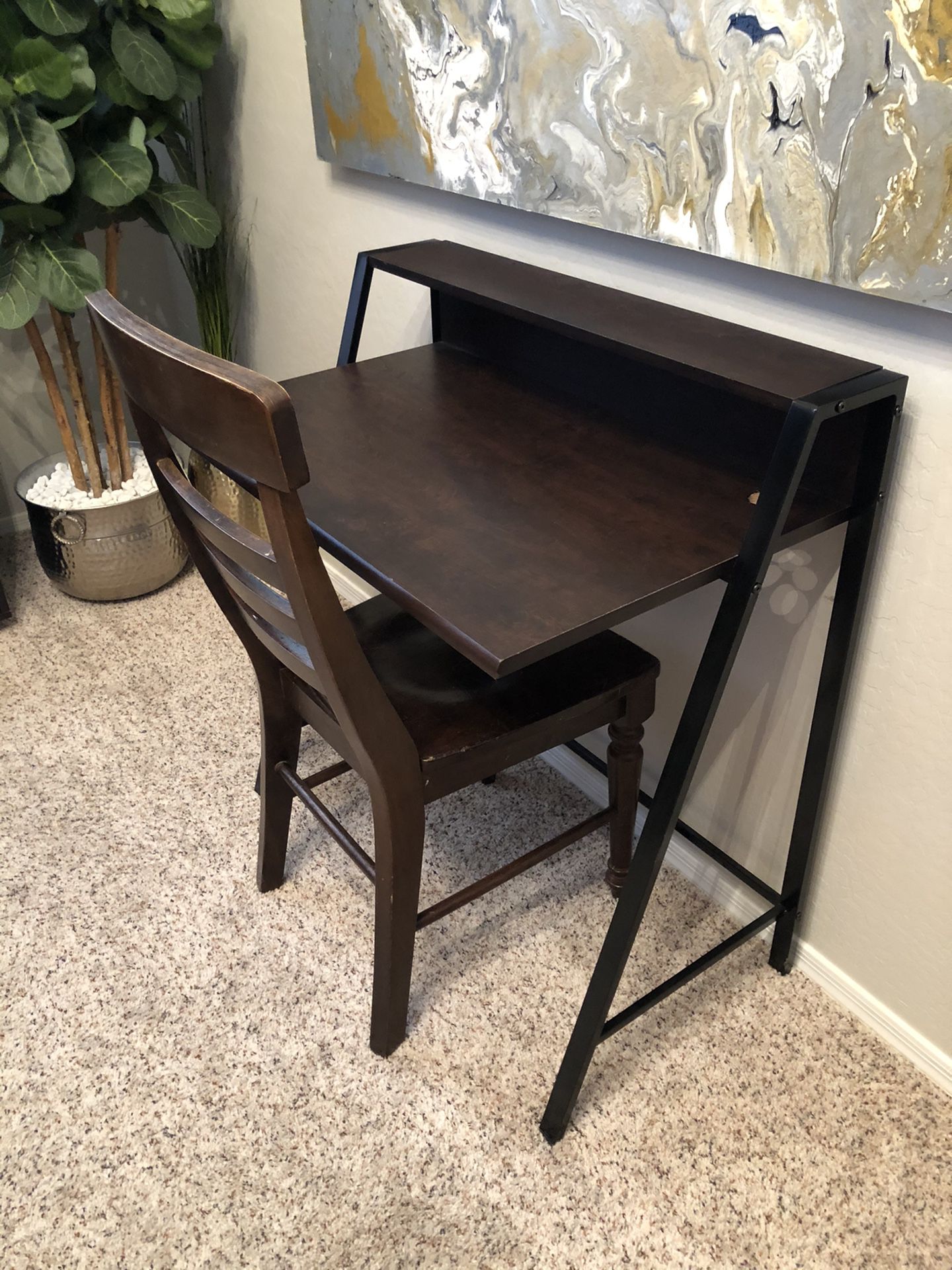 Cute Two Tier Brown Desk with metal frame and brown wood chair