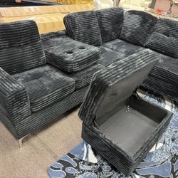 BLACK SOFT CORDUROY SECTIONAL WITH OTTOMAN COUCH SET  