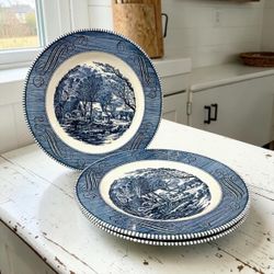 Currier & Ives Royal china Dinner Plates Old Grist Mill Blue Set Of 3 Vintage
