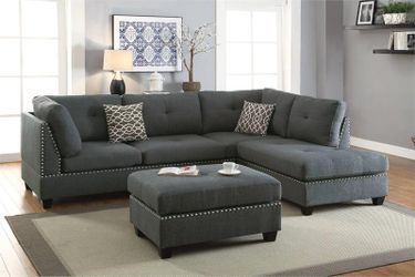 Reversible Sectional Set with Ottoman- Linen-Like Blue Grey Color