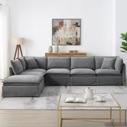 Harper & Bright Designs 125.5 in. 6-Piece Modular Chenille L-Shaped with Movable Ottoman, Free Combination Sectional Sofa in Light Gray