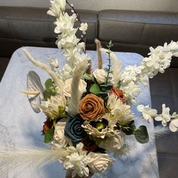 Wedding bridal bouquet made of roses, Dahlias, dragons breath, white sunflowers, pampas….