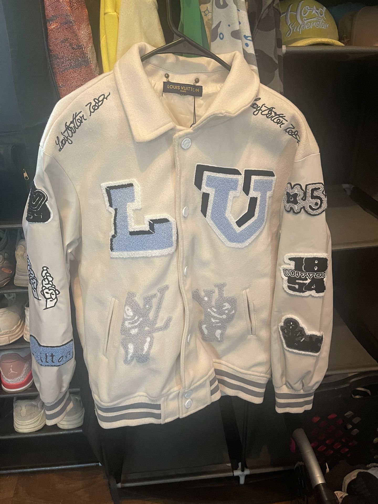 White and blue Louis Vuitton varsity jacket