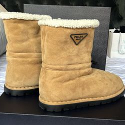 PRADA Suede shearling-lined logo boots, Mens US 10 $800