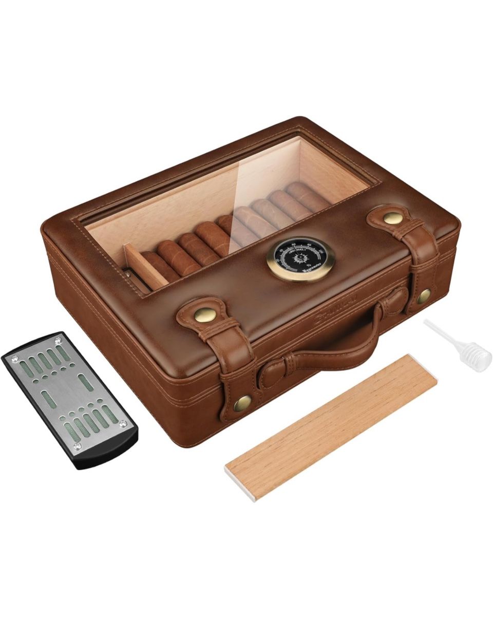 Cigar Humidor, Travel Accessories, Portable Cigar Humidor Box with Glass Top, Humidifier Hygrometer Gauge, Cedar Wood Lining up to 50pcs Cigars Large