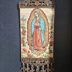 Religious Our Lady of Guadalupe Tapestry Wall Art Decor With Metal Boarder And Crosses