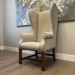 53” Tall Oversized Beige Linen Brass Nailhead French Chateau Wingback Lounge Chair