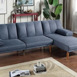 Brand New Navy Blue Futon Sofa Sleeper w Chaise Lounge 