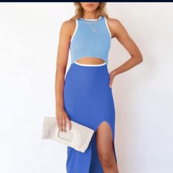 Women's Cutout Crew Neck Sleeveless Tank Slit Ribbed Bodycon Midi Dresses