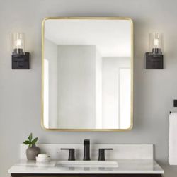 24 in. W x 30 in. H Rounded Corner Rectangular Brushed Gold Medicine Cabinet with Mirror