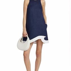 STAUD Navy blue linen mini dress with white wave-shaped hem