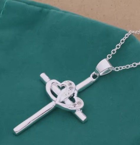 Sterling Silver Cross Pendant with Entwined Hearts  22 Inch Chain  [PEN246]