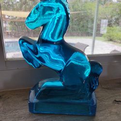VINTAGE BLUE GLASS REARING HORSE BOOKEND
