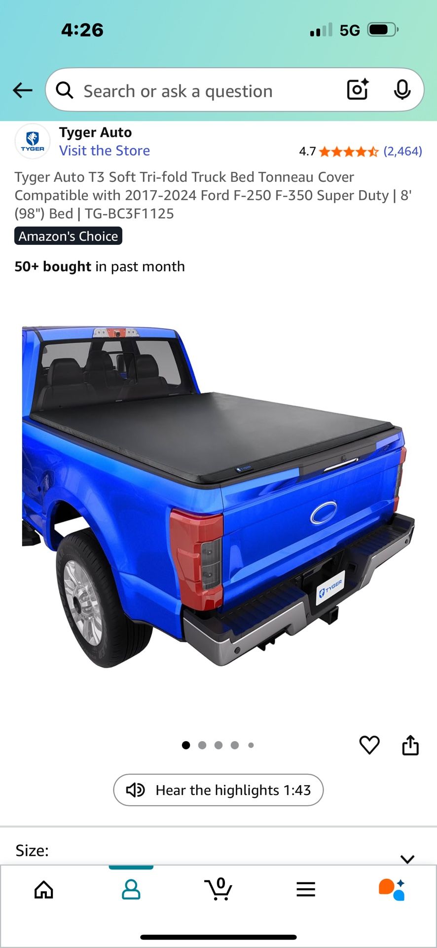 Tyger Auto T3 Soft Roll Truck Bed Tonneau Cover Compatible with 2017-2025 Ford F-250 F-350 Super Duty | 6.75'