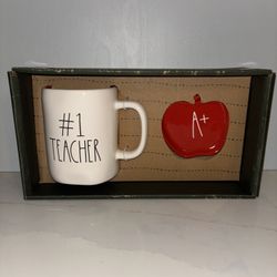 Rae Dunn "#1 Teacher" mug red inside and "A+" apple trinket tray gift set NIB