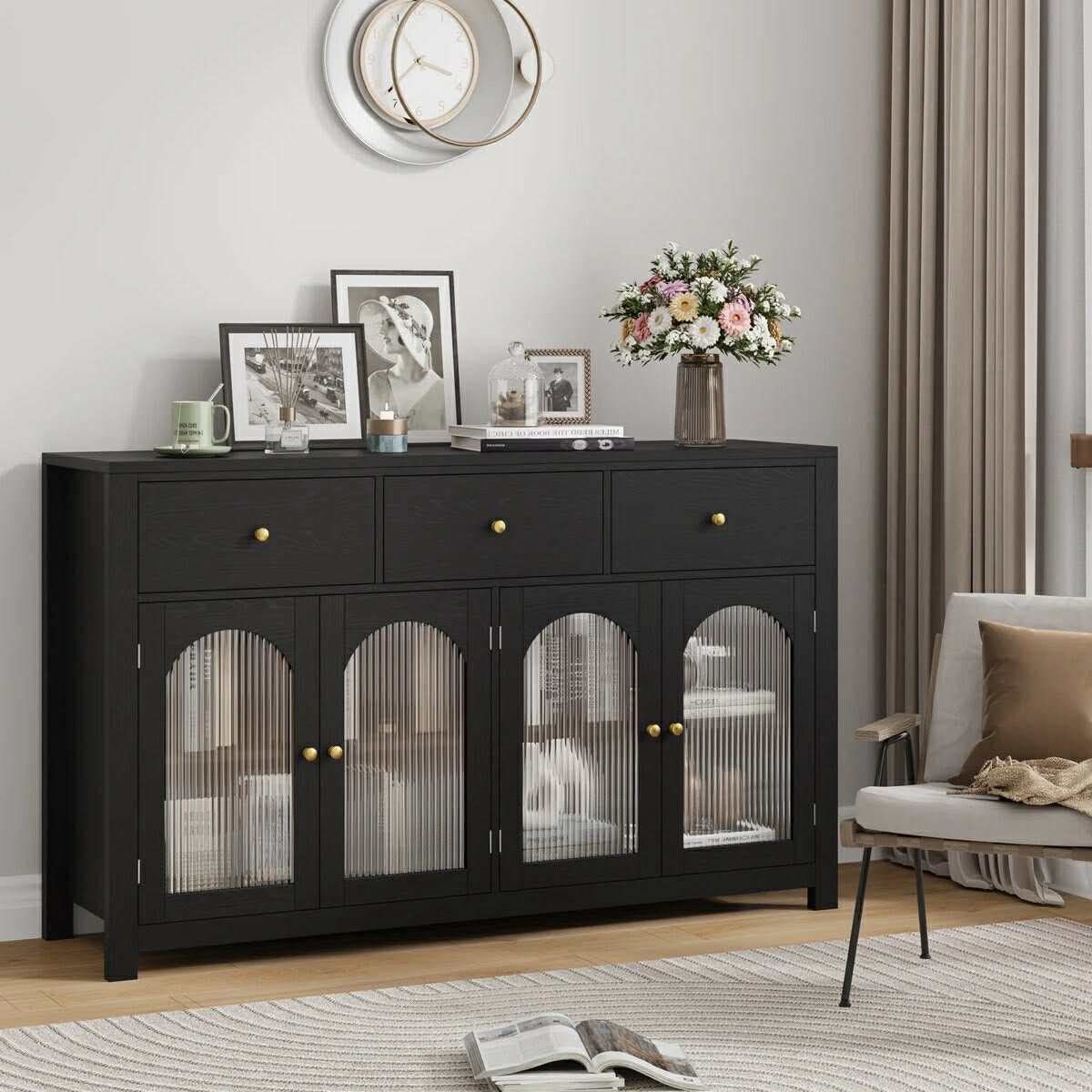 55.12'' w Sideboard Buffet with 3 Drawers, Adjustable Shelves, Storage Cabinets