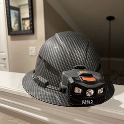 Klein Tools Premium KARBN Full Brim Hard Hat featuring a rechargeable LED headlamp