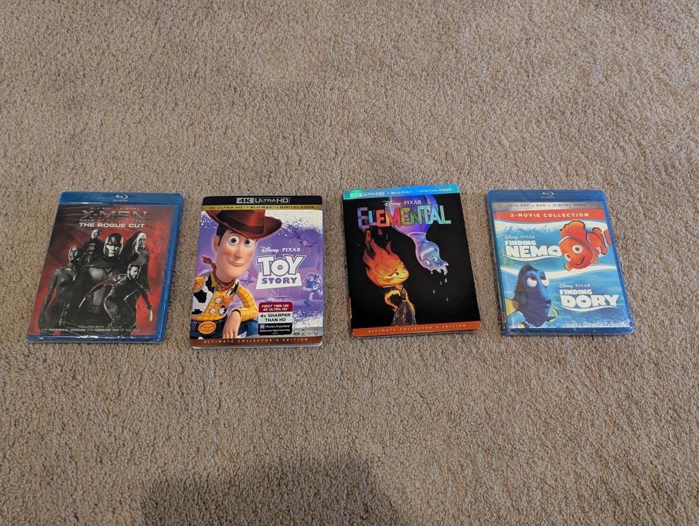 Disney and Marvel Blu-Ray movies (Elemental, Toy Story, Finding Nemo/Dory, X-men Days of Future Past) 