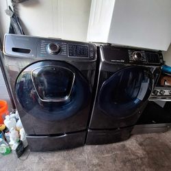 SAMSUNG STEAM FRONT LOAD WASHER WITH ADD ON DOOR AND GAS DRYER WITH PEDESTAL INCLUDED 